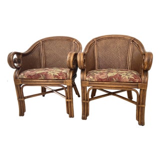 Vintage Tommy Bahama Style Bamboo Wicker Arm Chairs - A Pair For Sale