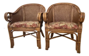 Vintage Tommy Bahama Style Bamboo Wicker Arm Chairs - A Pair