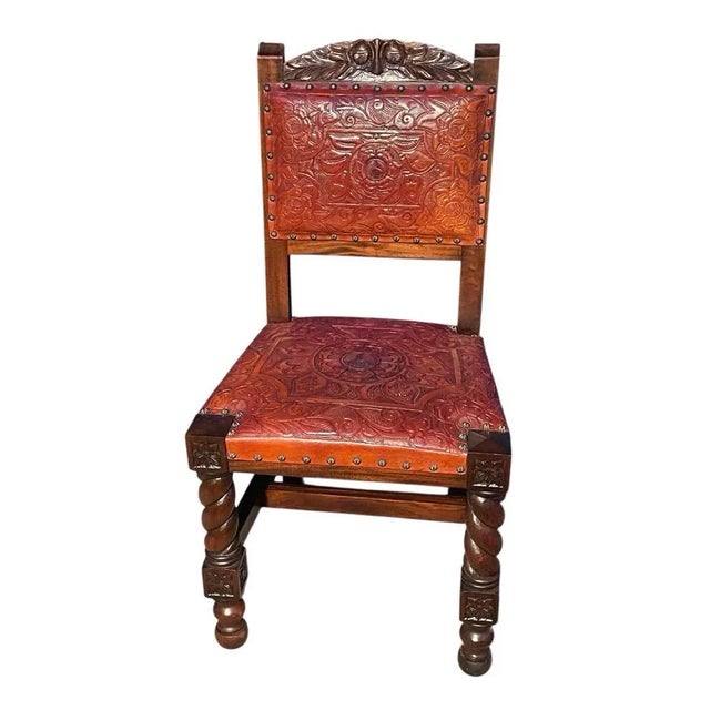 On Hold - Vintage 1966 Spanish Hand Carved Walnut and Tooled Leather Chair For Sale - Image 13 of 13