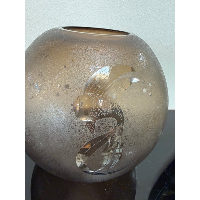 Murano Italian Smoky Murano Glass Vase With Etched Fish Motif, 1970s For Sale - Image 4 of 7