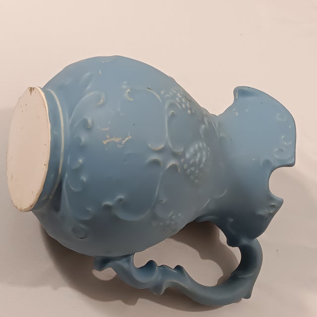 Ceramic Vintage Blue Solid Pitcher With Grapes and Leaves on the Sides For Sale - Image 7 of 10