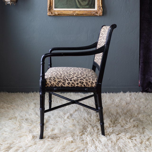 Leopard Upholstered Black Faux Bamboo Directoire Style Armchairs For Sale - Image 11 of 18