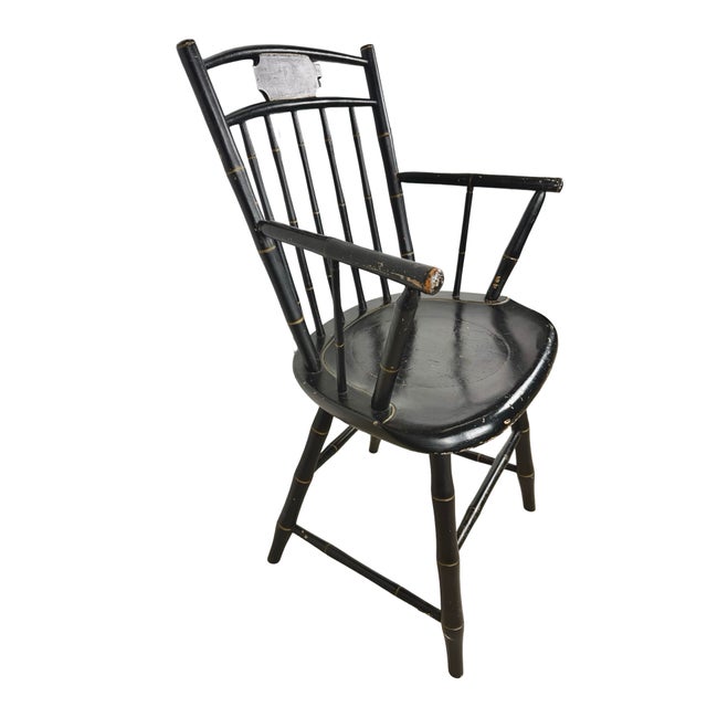 Vintage Black Painted Windsor-Style Armchair With Gold Pinstriping and Tablet Back For Sale - Image 10 of 12