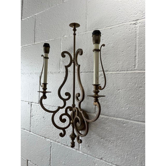 Mid 20th Century Spanish Revival Iron Wall Sconces With Tole Shades, Hollywood Regency Lighting For Sale - Image 4 of 11