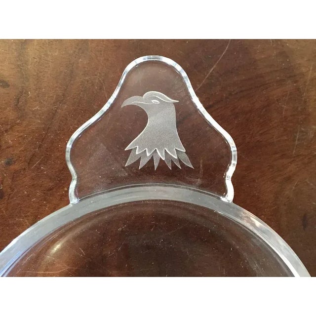 Vintage Steuben crystal porringer or handled bowl with etched eagle crest. Thick and heavy glass. Measures 8 1/4" long...