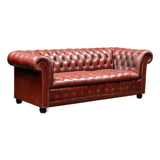 Vintage Leather Tufted Chesterfield Sofa With Nailhead Trim in Burgundy For Sale