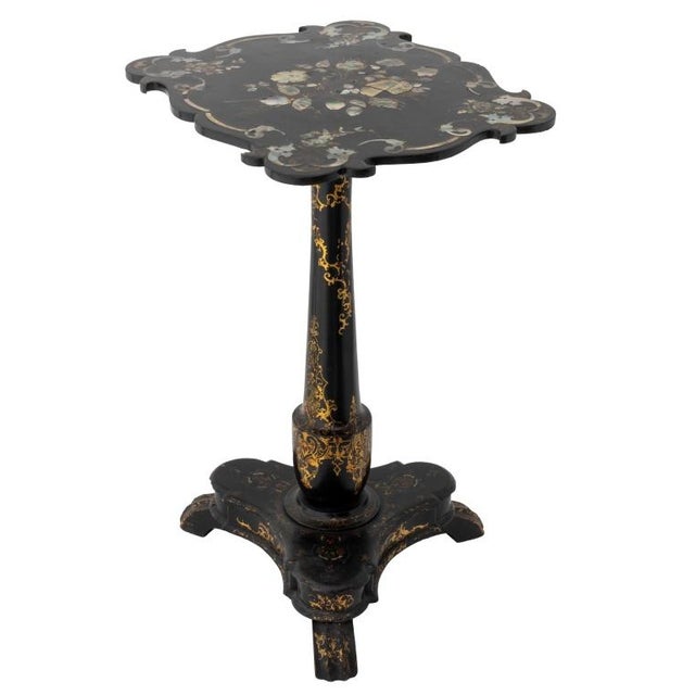 Victorian Black Lacquered Mother of Pearl Inlay Tea Table, 19th century, with gilt floral decoration on tripod form base....
