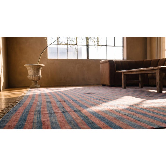 Textile Handmade Raspebery Pink and Blue Stripe Pattern Dhurrie Style Antique Indian Cotton Rug For Sale - Image 7 of 8