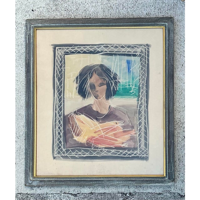 Vintage Mixed Media Portrait on Paper For Sale - Image 12 of 12