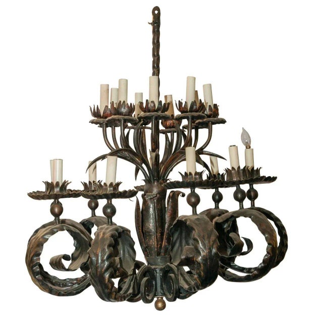 Bronze Large arts and crafts style patinated bronze chandelier For Sale - Image 8 of 8