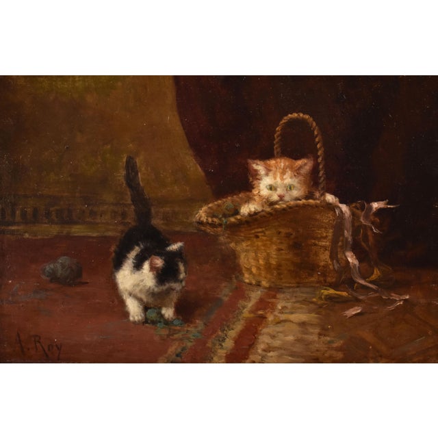 Aimée Roy, Portraits of Two Playing Cats, 19th Century, Oil Painting on Panel, Framed For Sale - Image 3 of 11
