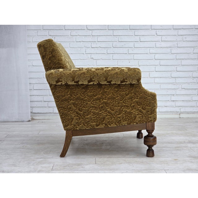Wood Vintage Danish Carved Oak Lounge Chair with Velour Upholstery, 1960s For Sale - Image 7 of 18