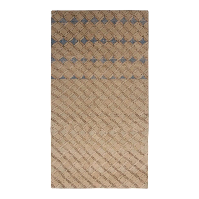 1960s Vintage Distressed Zeki Muren Rug in Beige-Brown, Blue Trellis Pattern For Sale