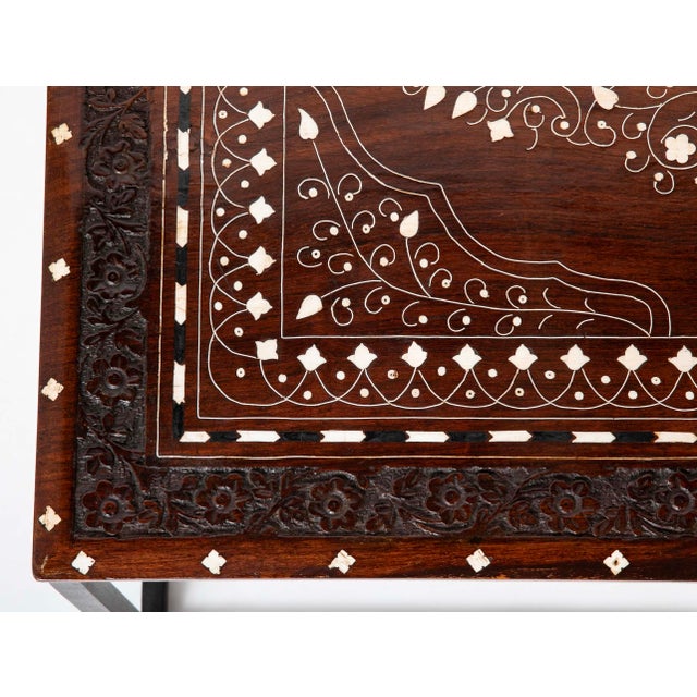 Wood Antique Anglo Indian Coffee Table Rosewood Top With Maquetry Inlay on Custom Steel Base For Sale - Image 7 of 11