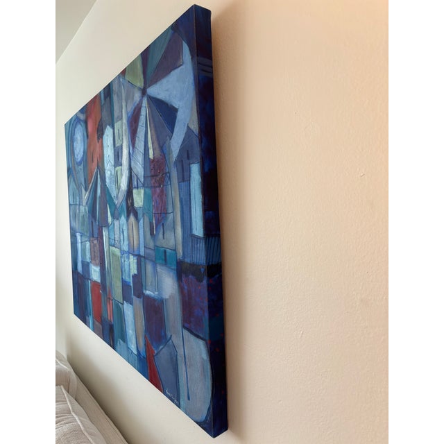 Norberto Uribe Dominican Modernist Village Blue Painting on Canvas For Sale - Image 9 of 12