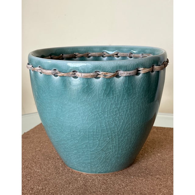 Boho Chic Dark Teal ‘Crazed’ Glazed Ceramic Planter For Sale - Image 3 of 6