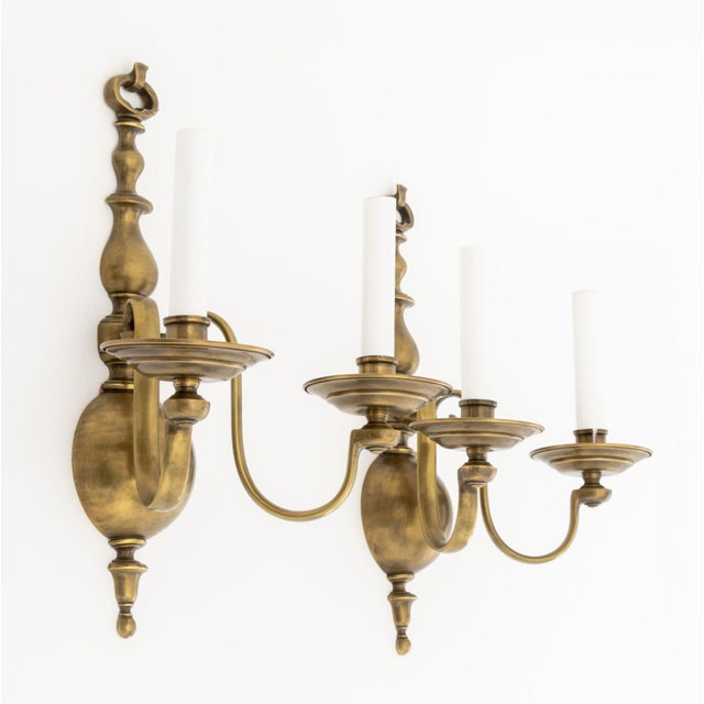 Metal Dutch Style Bronze Three-Branch Wall Sconces - Pair For Sale - Image 7 of 9