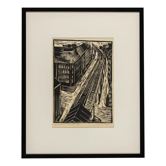 Manfred Beelke, Potsdamer Strasse Elevated Railroad, Black and White Linocut on Paper, Framed For Sale
