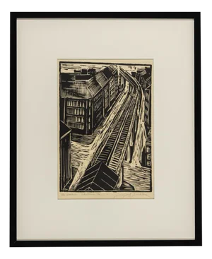 Manfred Beelke, Potsdamer Strasse Elevated Railroad, Black and White Linocut on Paper, Framed