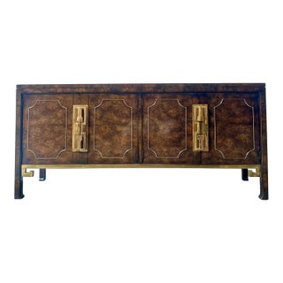 1970s Vintage Hollywood Regency Style Burlwood and Brass Credenza by Mastercraft Furniture For Sale
