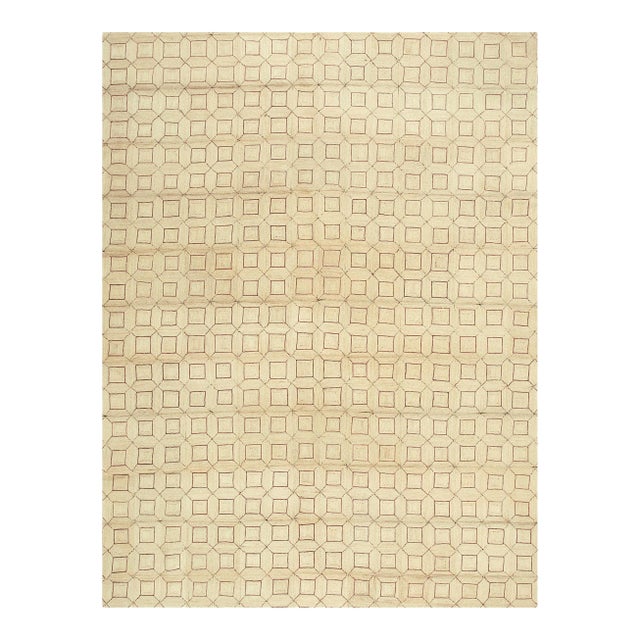 1950s Beige Cream Vintage Geometric Reed American Knotted Mid Century Modern Rug For Sale