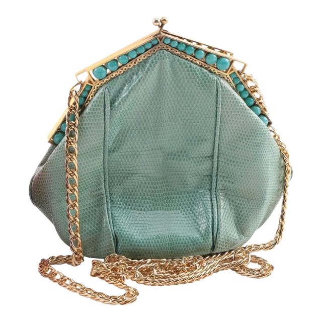 1930 Art Deco Gold Plate Frame Snakeskin Evening Bag with Turquoise Beads For Sale