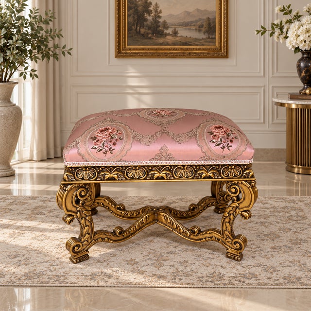 Add a touch of refined French elegance with this ornate Rococo-style bench, featuring an elaborately carved gold leaf...