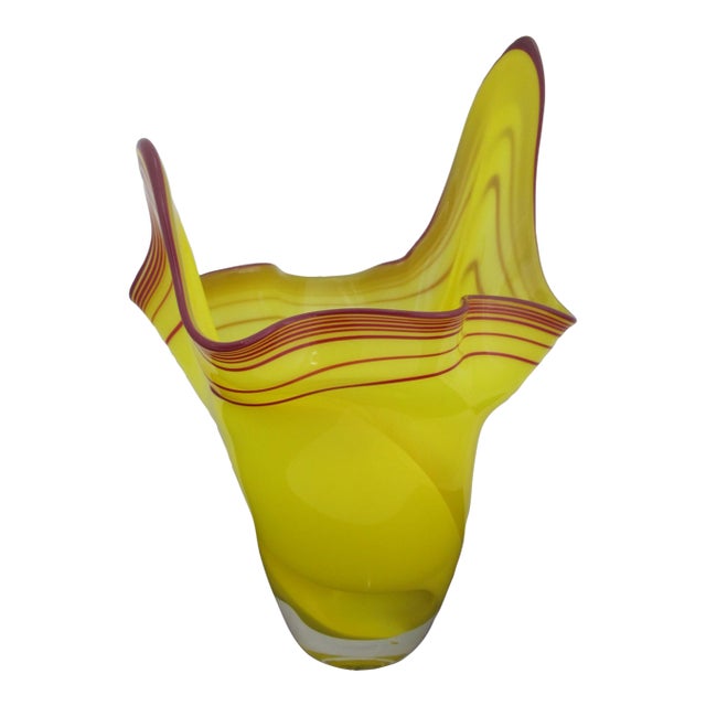 Stadelman Yellow Hand Blown Pacific Nw Studio Art Glass Handkerchief Ruffle Vase For Sale