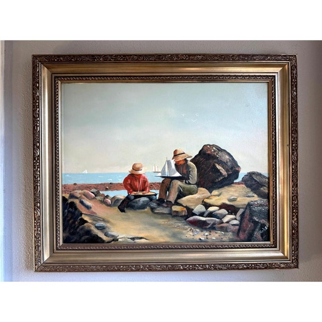A refined pair of original mid-century oil paintings on canvas, each signed “Gibson,” depicting quiet coastal scenes with...