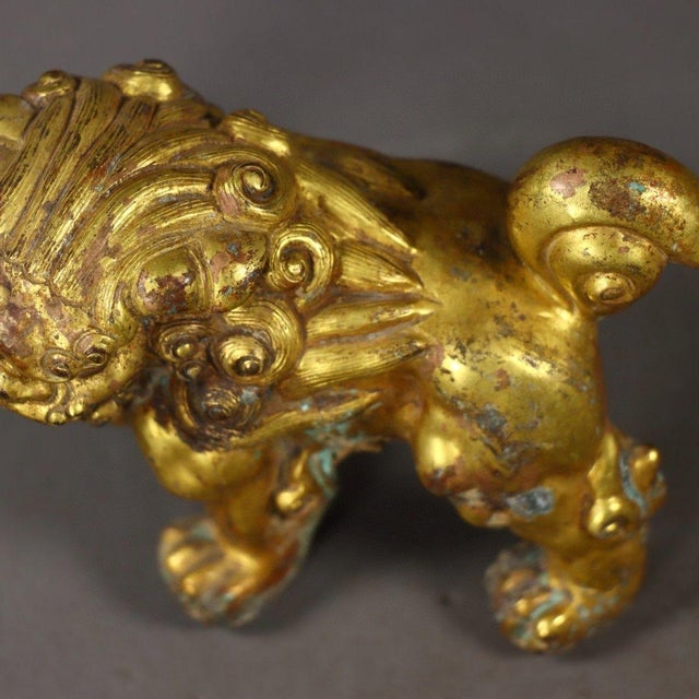 Metal Antique Gilt Bronze Guardian Lion – 3.1" Foo Dog Statue With Verdigris Patina For Sale - Image 7 of 9