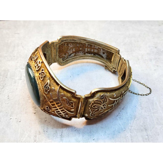 Vintage Chinese Export Filigree Gilded Silver Bracelet With Bloodstone Cabochon For Sale In Cleveland - Image 6 of 10
