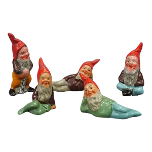 Five Tiny Terracotta Garden Gnomes, Germany Ca. 1950s