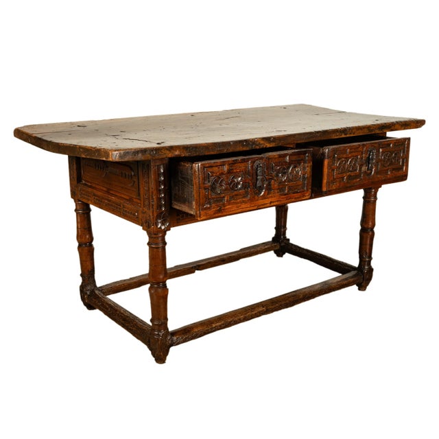 17th Century Antique Late 16th Century Spanish Baroque Carved Walnut Refectory Console Table Desk 1580 For Sale - Image 5 of 12