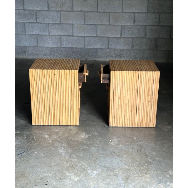 Boho Chic 1980s Pair of Cane and Split Bamboo Nightstands For Sale - Image 3 of 12