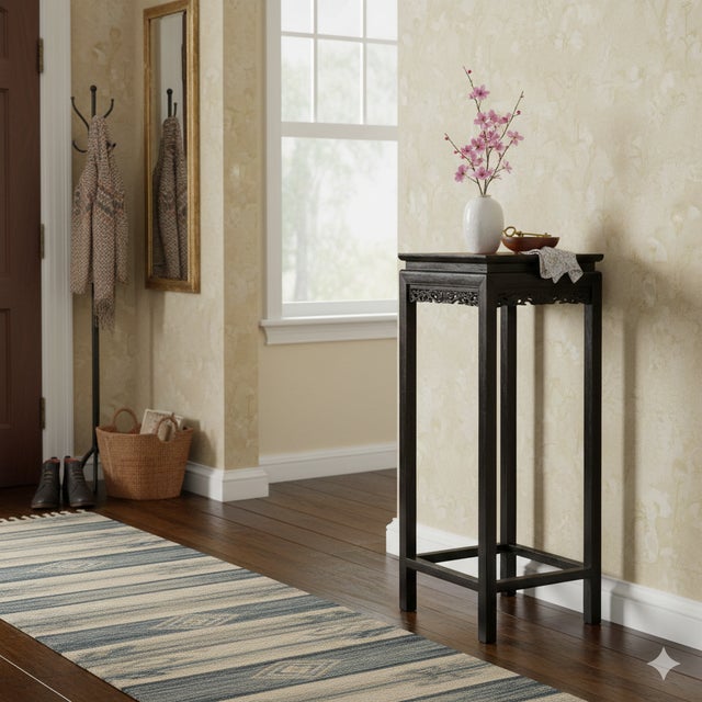 Chinese Black Square Golden Chinese Engravement Tall Plant Stand Pedestal Table For Sale - Image 3 of 11