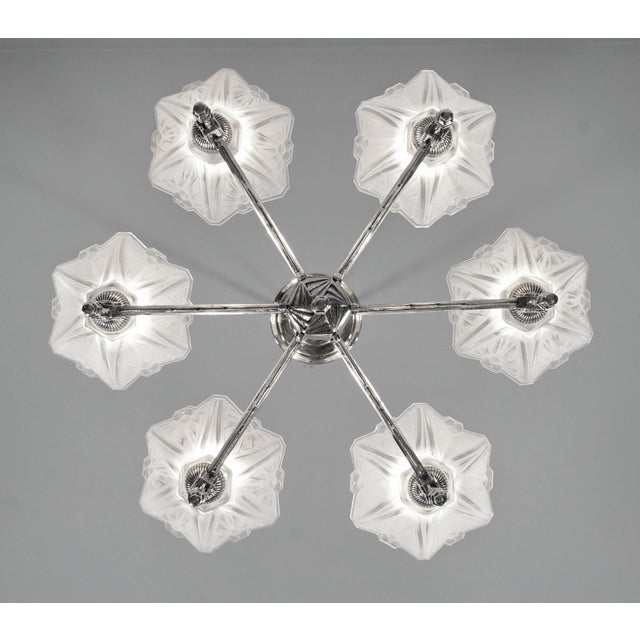1930s French Art Deco Nickeled Bronze & Geometric Glass 6-Armed Chandelier by Ejg 1930s For Sale - Image 5 of 13