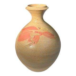 Handcrafted 7” Studio Pottery Bottle Vase With Coral Brushwork, Signed For Sale