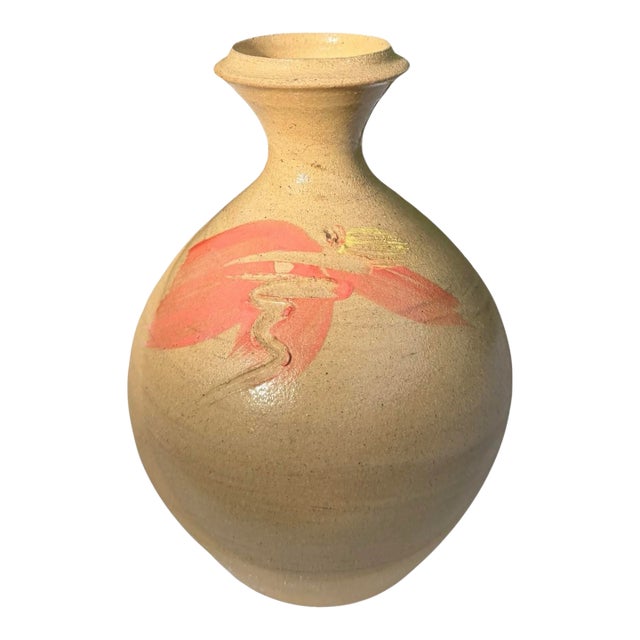 Handcrafted 7” Studio Pottery Bottle Vase With Coral Brushwork, Signed For Sale