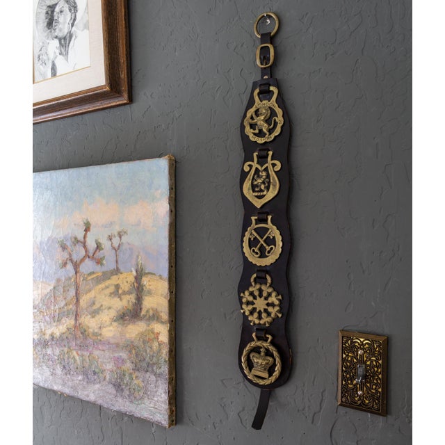 English Equestrian Five Horse Brass Leather Bridle Strap For Sale - Image 4 of 9