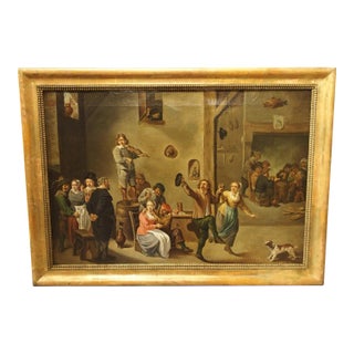 Antique Oil on Canvas Painting, Interior of an Inn With Dancing Peasants, 18th C For Sale