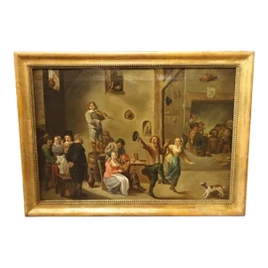 Antique Oil on Canvas Painting, Interior of an Inn With Dancing Peasants, 18th C