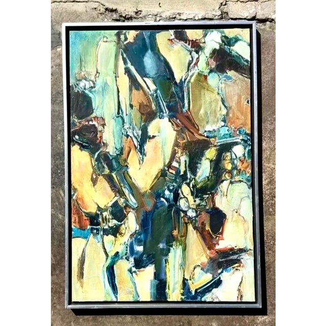 Teal Vintage Original Abstract Oil Painting on Canvas For Sale - Image 8 of 12