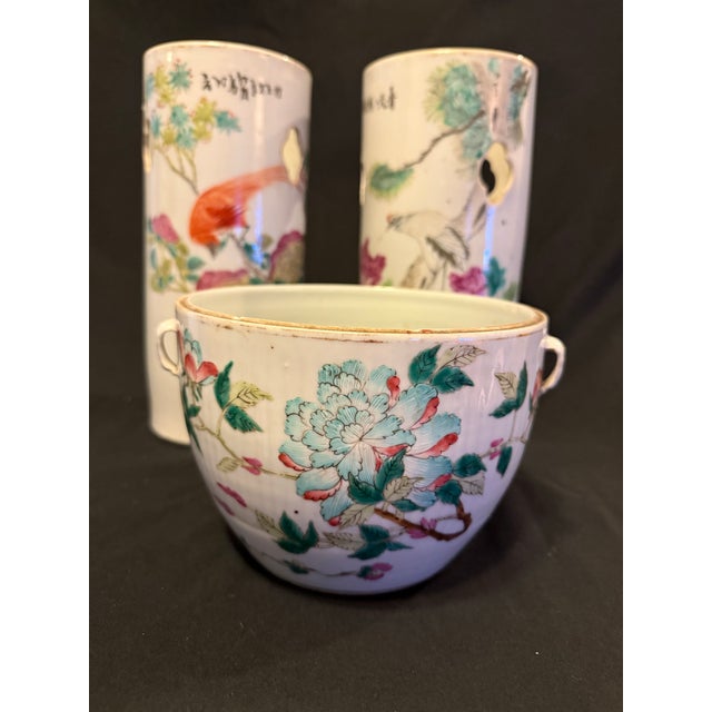 Vintage Chinese Famille Rose Porcelain Three-Piece Set – Pair of Hat Stands & Matching Cachepot Planter For Sale - Image 10 of 11