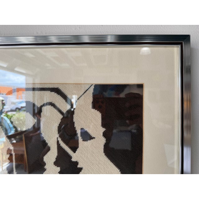 Metal 1976 Mid-Century Modern Abstract Figural Needlepoint Textile Wall Art – Framed For Sale - Image 7 of 12