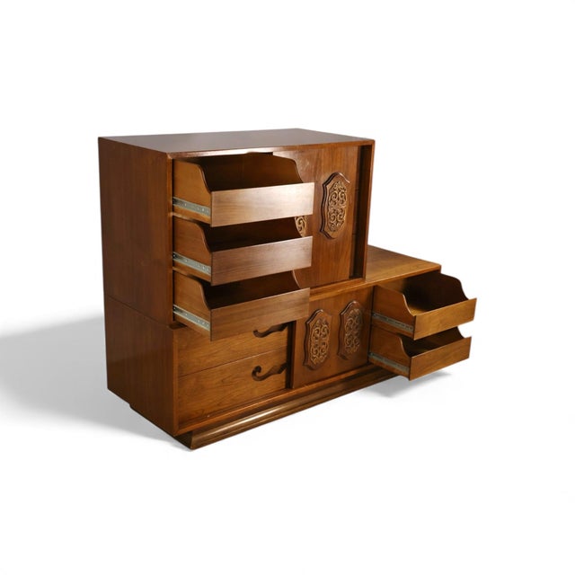 Wood Attributed to Young Manufacturing Vintage Mid Century Modern Brutalist Spanish Revival 2 Piece Highboy Dresser C. 1960s For Sale - Image 7 of 9