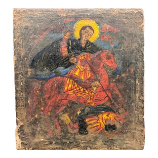 18th Century Icon: St. Demetrius Slaying Skyloyan | Tempera on Wood For Sale