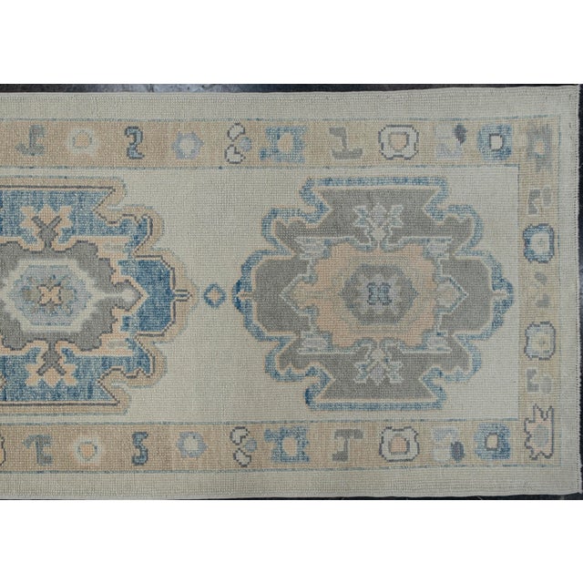 Textile Turkish Oushak Rug Beige Blue Accents Handwoven Wool Rug 3'1" X 12'3" For Sale - Image 7 of 9