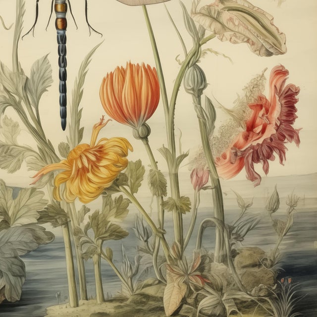 Campaign 20' X 20' 'Dragonfly and Flowers' # 3 - Original Watercolor Botanical Print - Hortus Floridus Style, Unframed For Sale - Image 3 of 5