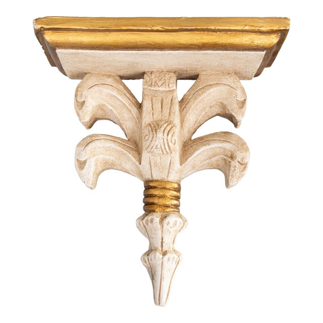 Vintage Italian Distressed White and Gold Giltwood Wall Bracket Shelf For Sale