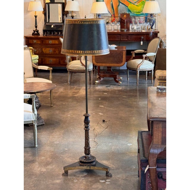 1950s Painted Floor Lamp With Tole-Style Shade and Carved Paw-Foot Base For Sale - Image 4 of 11